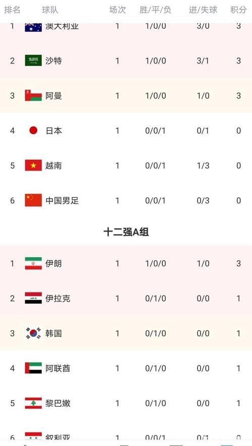 世预赛亚洲区12强赛积分榜